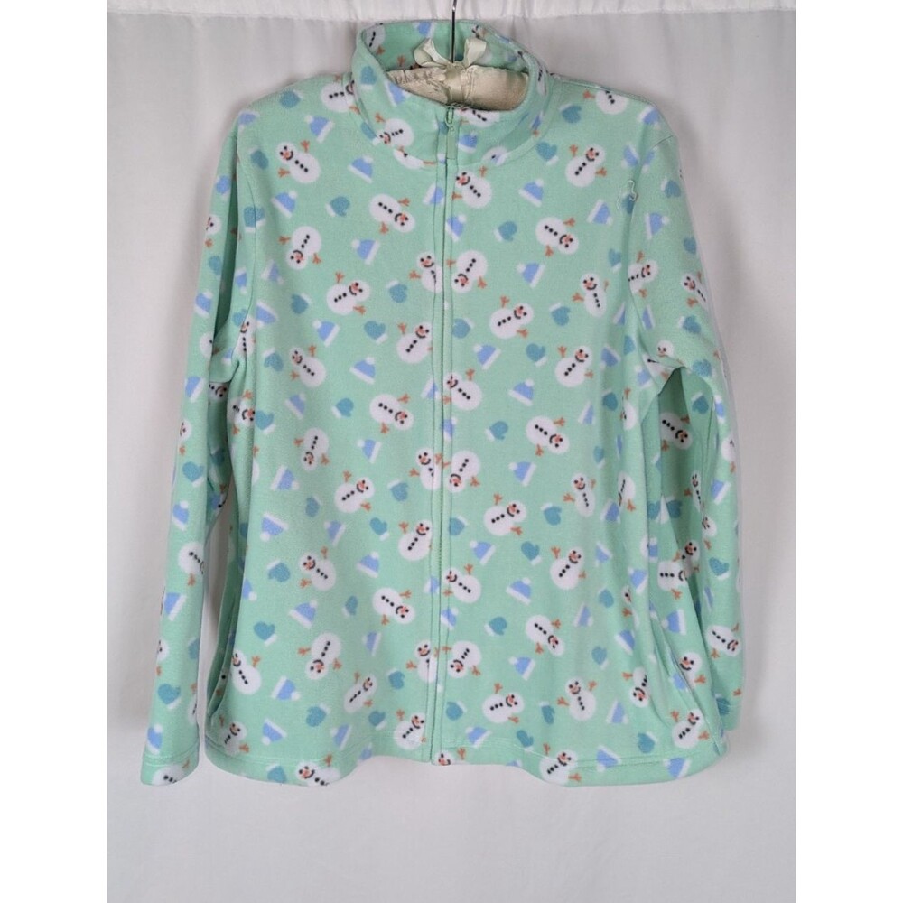 Bonnie Evans Green Snowman Print Full Zip Fleece Sweatshirt Medium Cozy Novelty